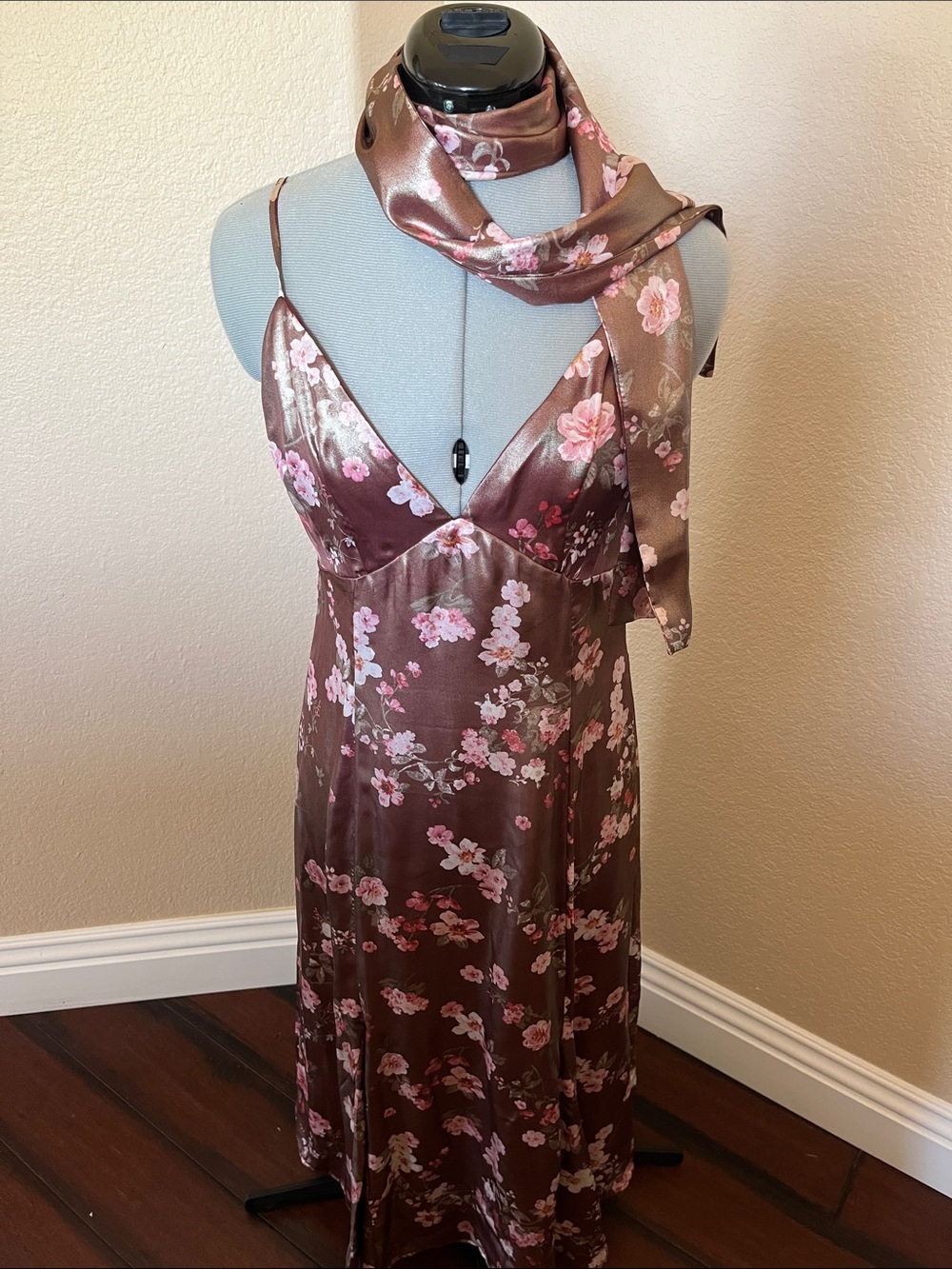 Wayf Brown Satin Floral Slip Dress with Matching Scarf